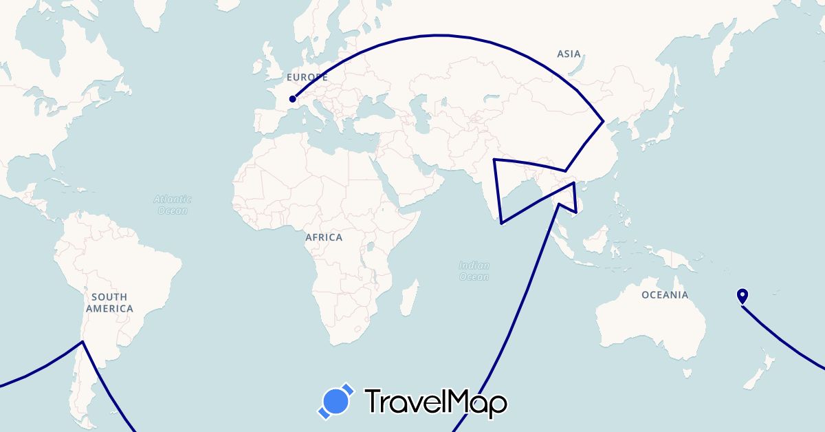TravelMap itinerary: driving in Chile, China, France, India, Cambodia, Sri Lanka, Mongolia, New Caledonia, Thailand, Vietnam (Asia, Europe, Oceania, South America)